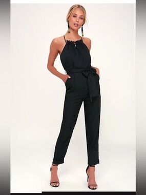 New Lulus Soiree Halter Black Striped Cross Back JOA Jumpsuit/Romper, Small